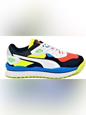 Puma Kids White Sneakers with Neon Yellow, Blue & Coral Accents. Great condition